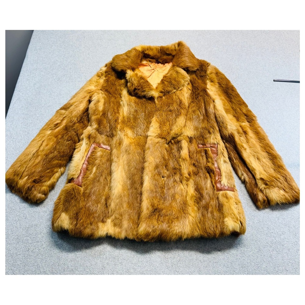 Vintage Bunny Hug Womens S Brown Rabbit Fur Coat Patchwork Leather Trim As Is